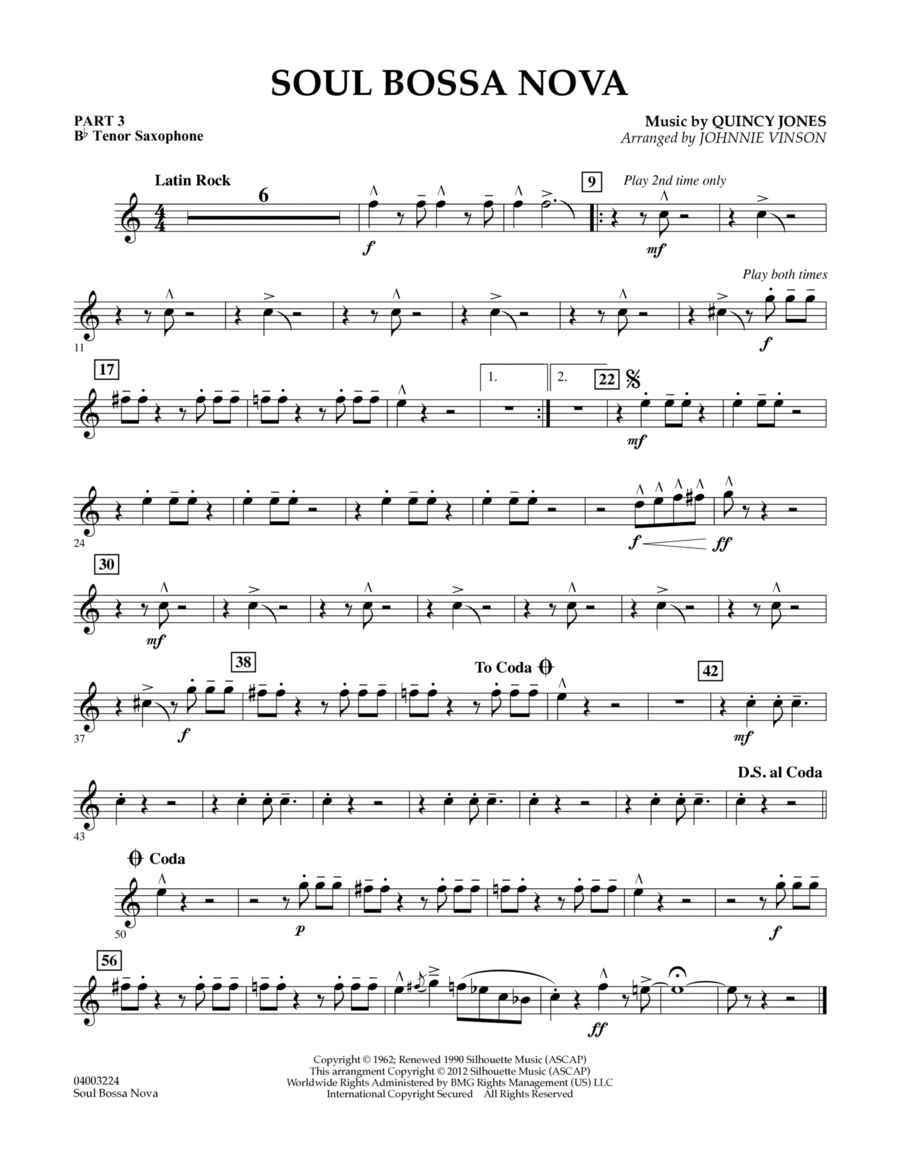 Soul Bossa Nova (arr. Johnnie Vinson) - Pt.3 - Bb Tenor Saxophone Concert Band scores gallery preview page 1