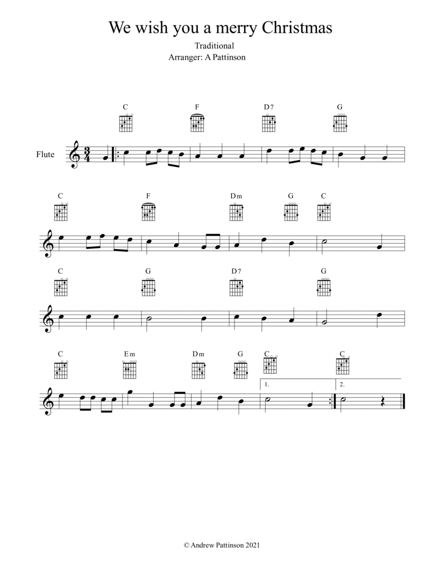 We wish you a merry Christmas for Easy Flute with Guitar Chords Flute Solo scores gallery preview page 1