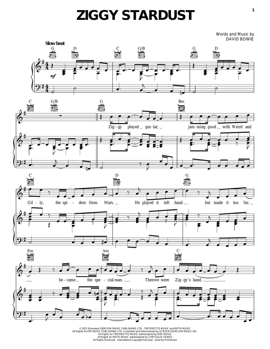 Ziggy Stardust Piano, Vocal, Guitar scores gallery preview page 1