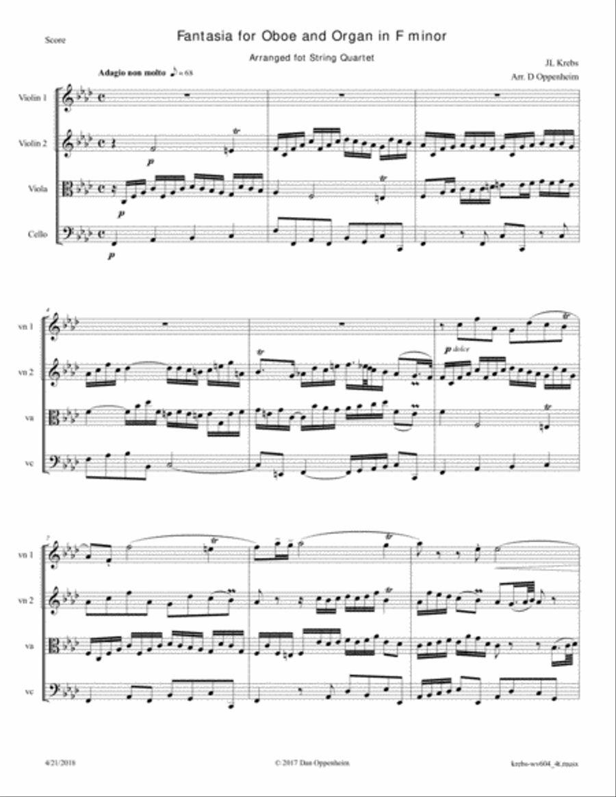 Krebs JL: Fantasia in F minor krebs-wv604 arr. for String Quartet String Quartet scores gallery preview page 1