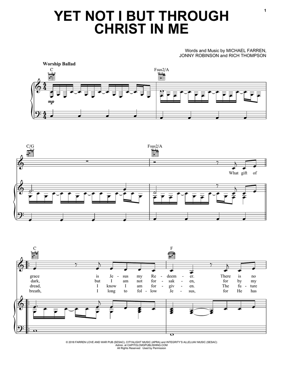 Yet Not I But Through Christ In Me Piano, Vocal, Guitar scores gallery preview page 1