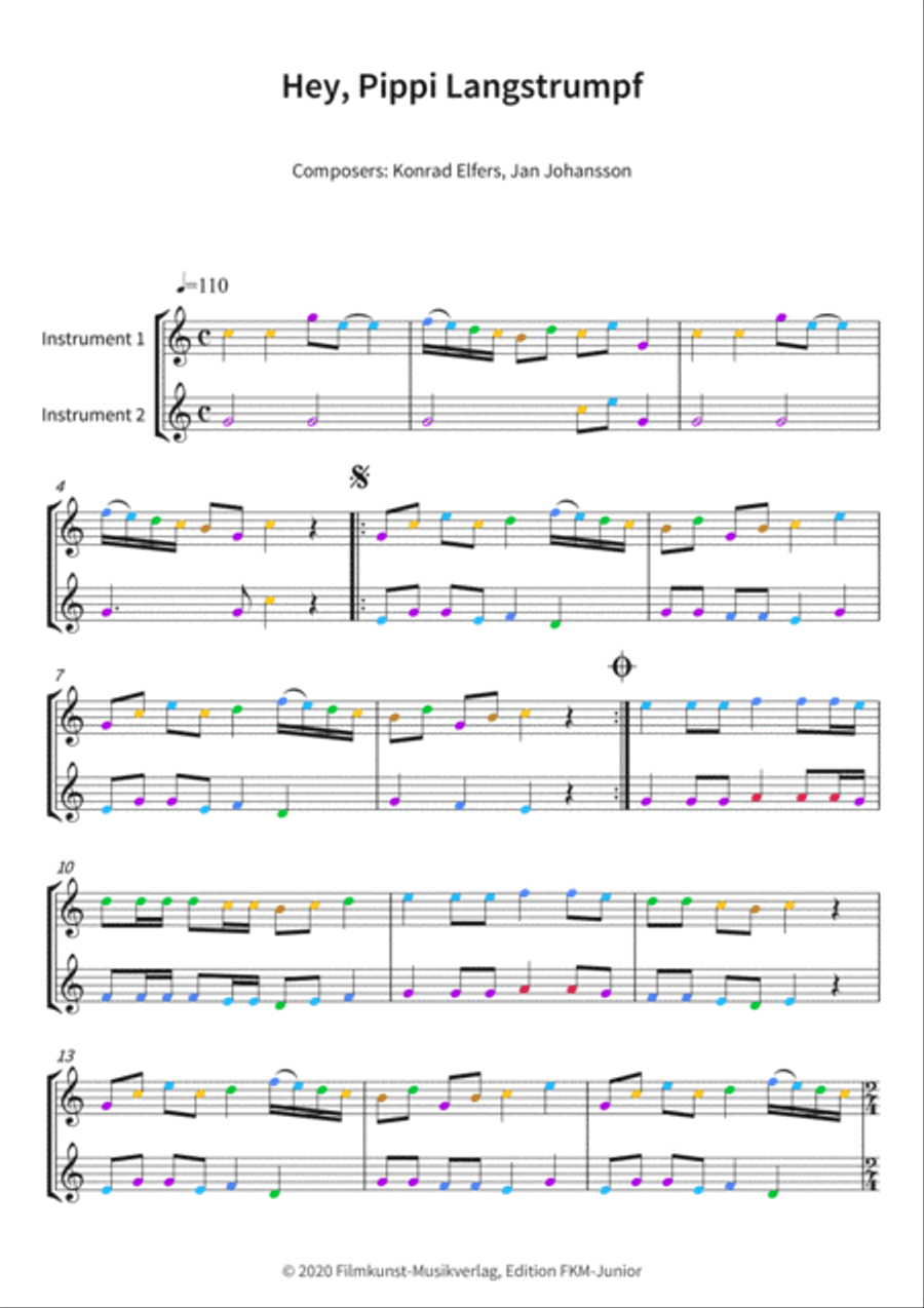 Hey, Pippi Langstrumpf Woodwind Duet scores gallery preview page 3
