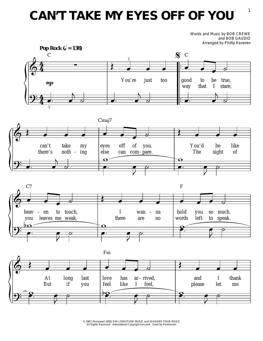 Can't Take My Eyes Off Of You (from Jersey Boys) (arr. Phillip Keveren) Easy Piano scores gallery preview page 1