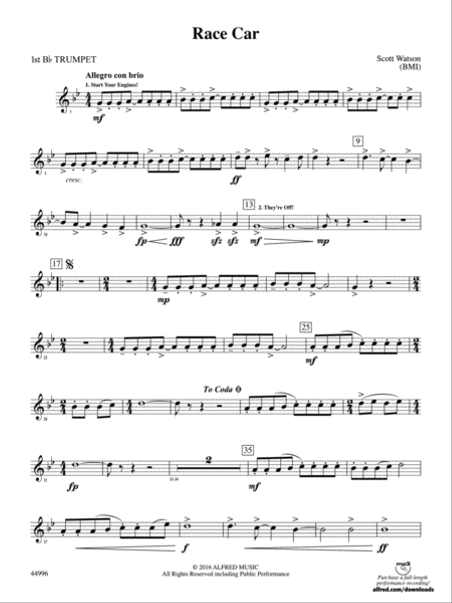 Race Car: 1st B-flat Trumpet Concert Band scores gallery preview page 1