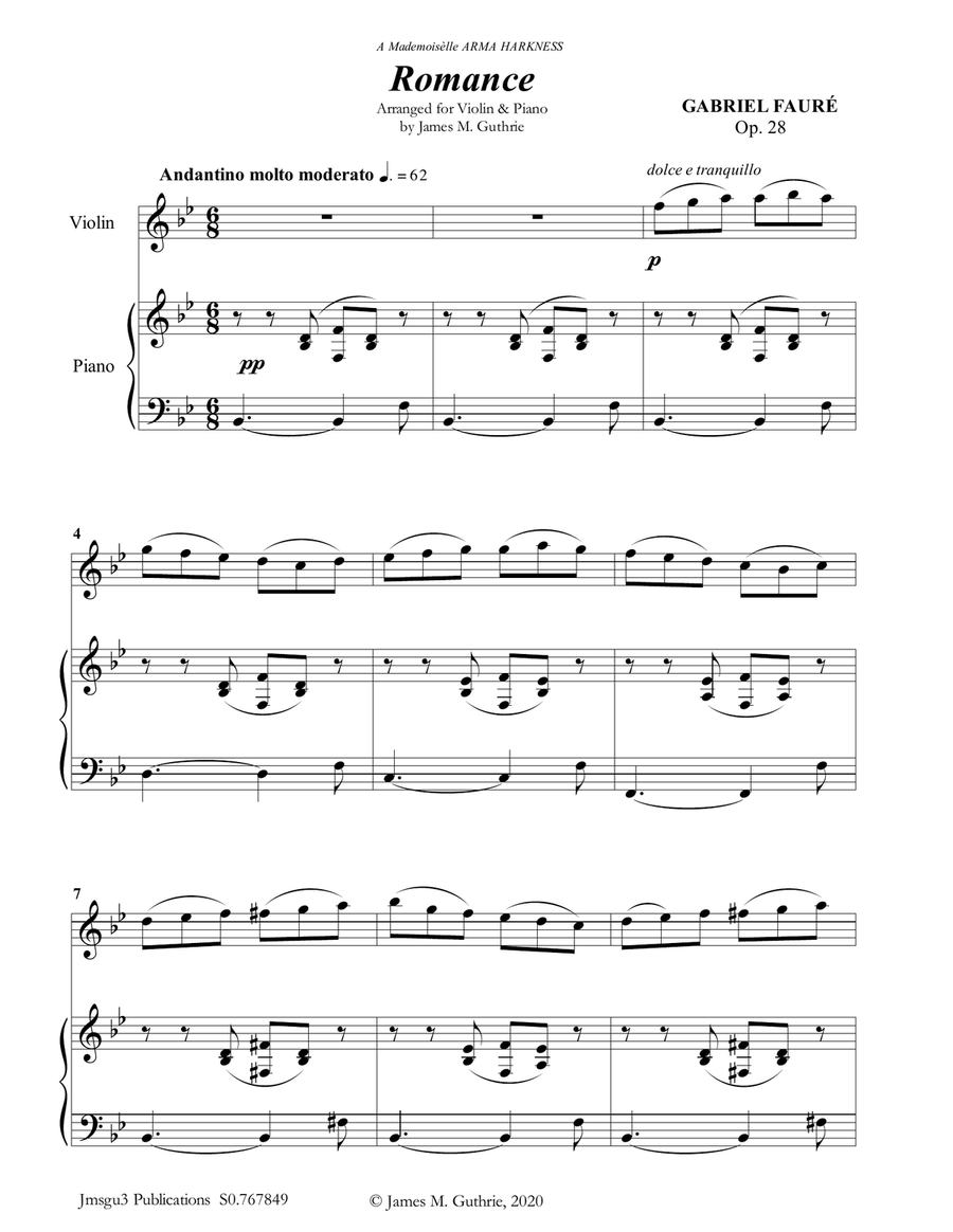 Fauré: Romance Op. 28 for Violin & Piano Fauré: Romance Op. 28 for Violin & Piano Violin Solo scores gallery preview page 1