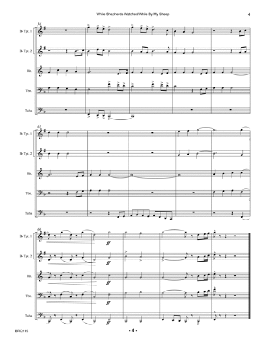 WHILE SHEPHERDS WATCHED THEIR FLOCKS with WHILE BY MY SHEEP - BRASS QUINTET (unaccompanied) Brass Quintet scores gallery preview page 4