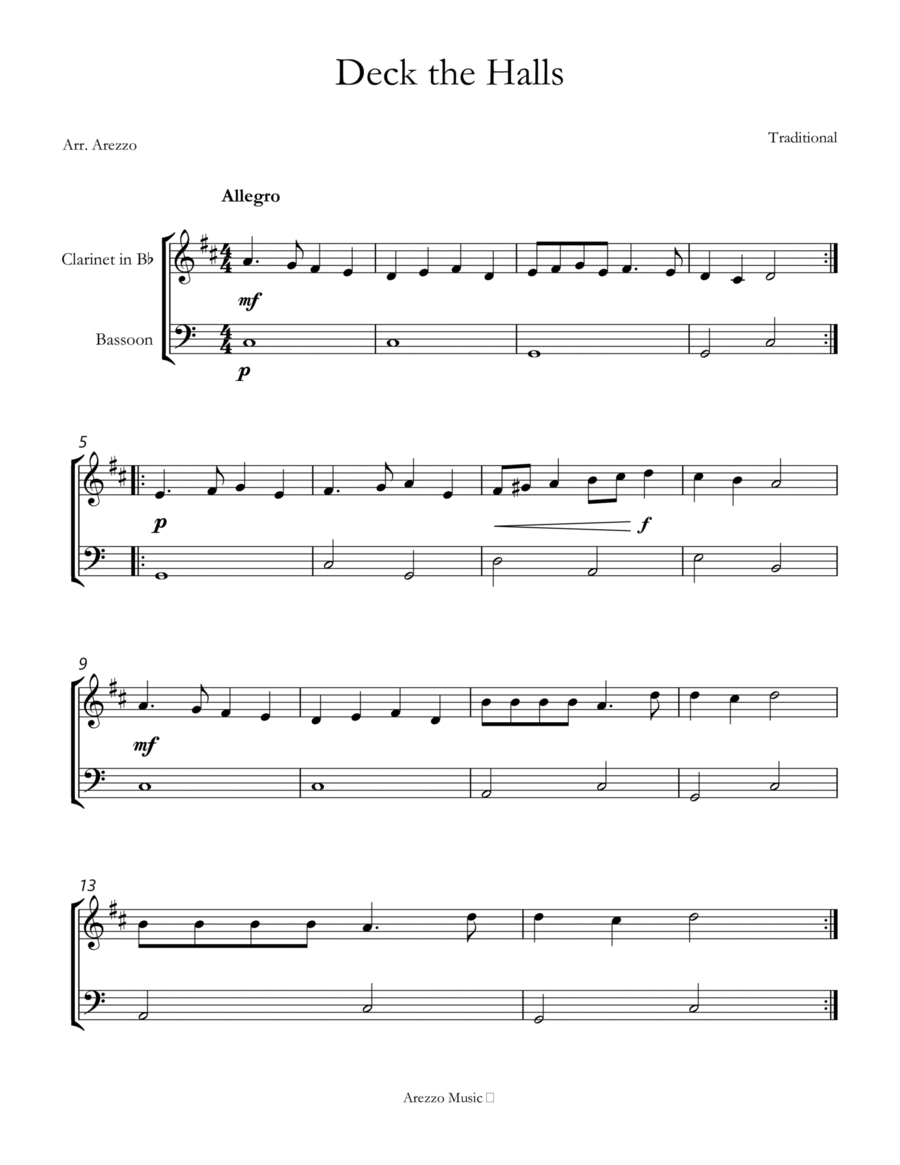 deck the halls easy Clarinet and Bassoon sheet music Woodwind Duet scores gallery preview page 1