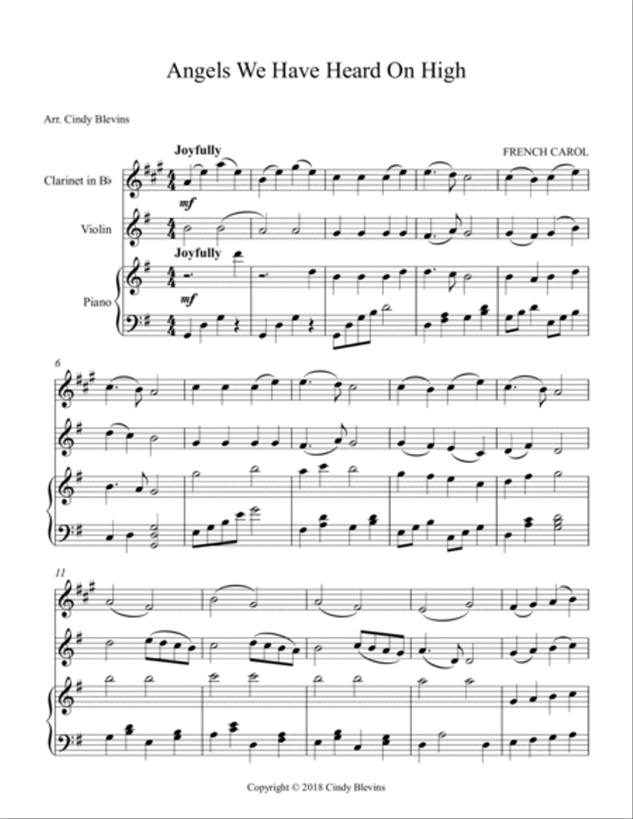 Angels We Have Heard On High, for Piano, Clarinet and Violin Clarinet scores gallery preview page 2
