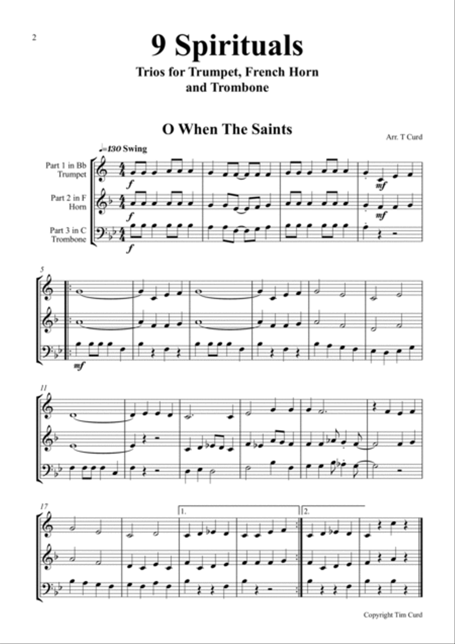 9 Spirituals, Trios For Trumpet, French Horn And Trombone 9 Spirituals, Trios For Trumpet, French Horn And Trombone Brass Trio scores gallery preview page 2