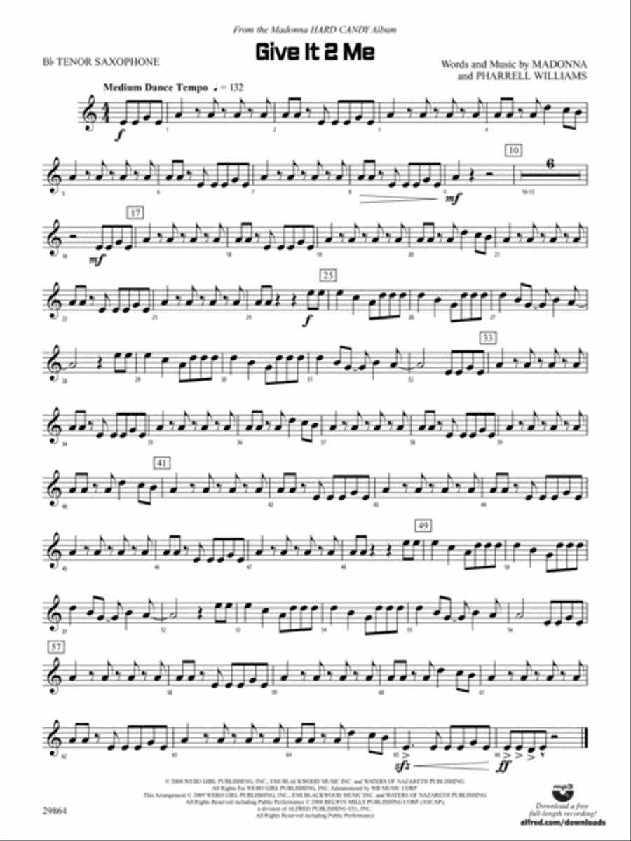 Give It 2 Me: B-flat Tenor Saxophone Concert Band scores gallery preview page 1