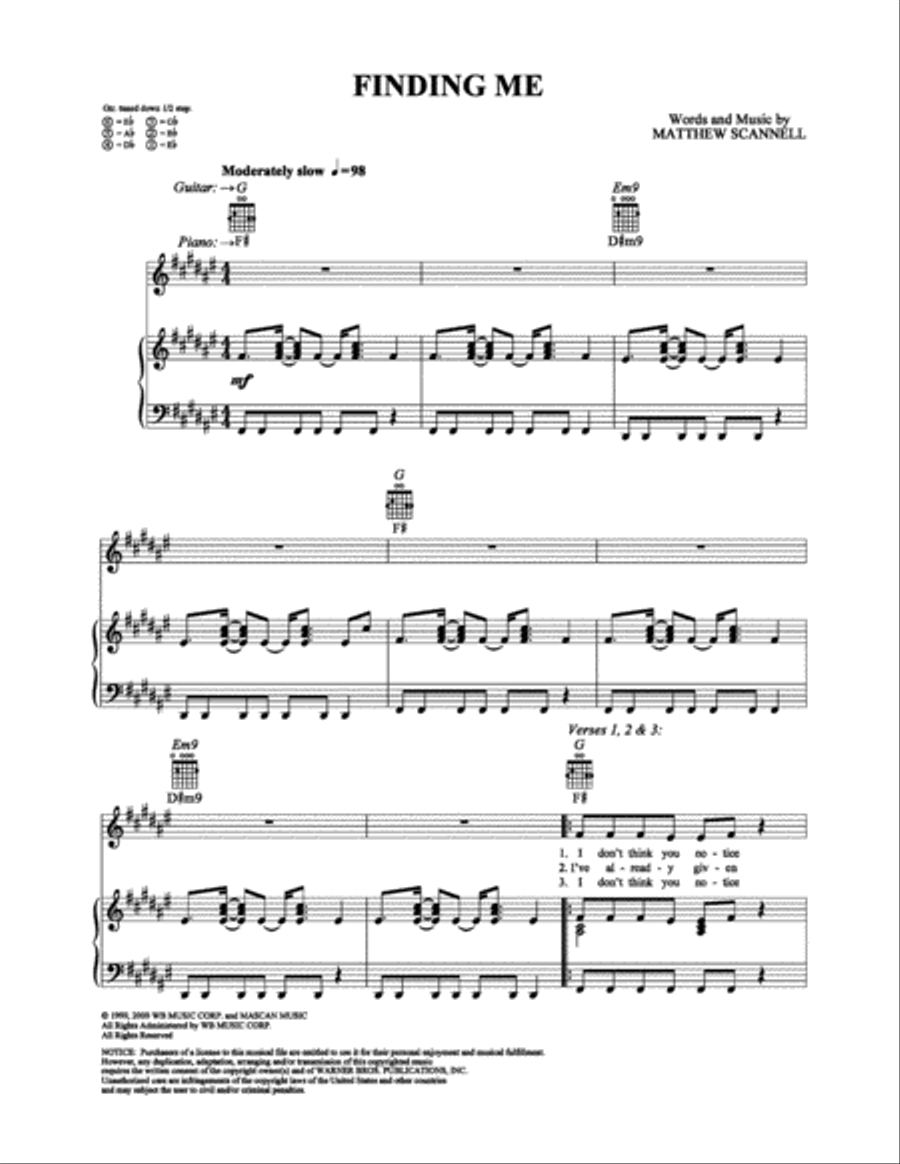 Finding Me Piano, Vocal, Guitar scores gallery preview page 1
