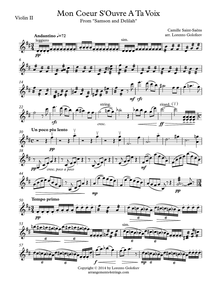 Mon Coeur S'Ouvre A Ta Voix from Samson and Delilah String Quartet scores gallery preview page 3