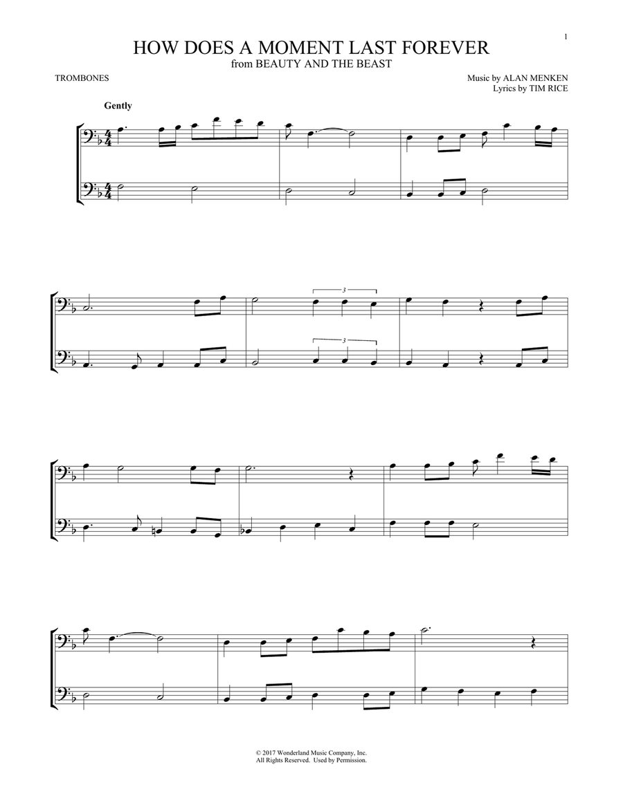 How Does A Moment Last Forever (from Beauty And The Beast) Trombone Duet scores gallery preview page 1