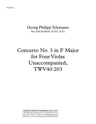 Book cover for Concerto No. 3 in F Major for Four Violas Unaccompanied, TWV40:203