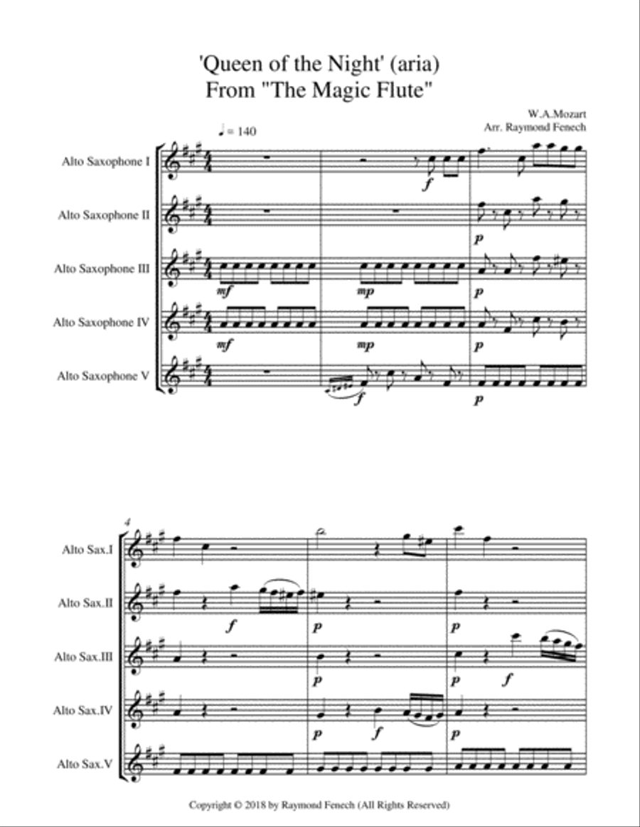 Queen of the Night - From the Magic Flute - 5 Alto Saxophones Quintet Woodwind Quintet scores gallery preview page 6