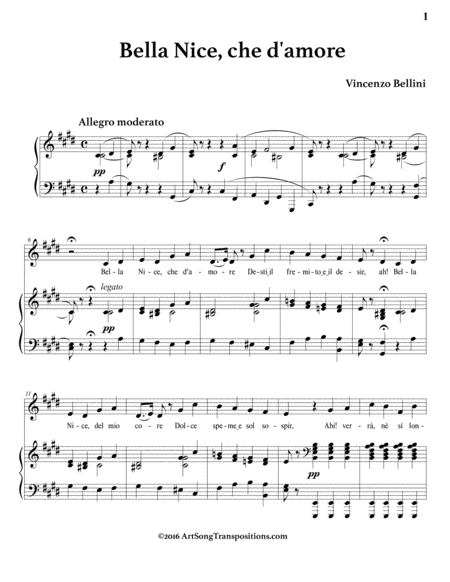 BELLINI: Bella Nice, che d'amore (transposed to C-sharp minor)