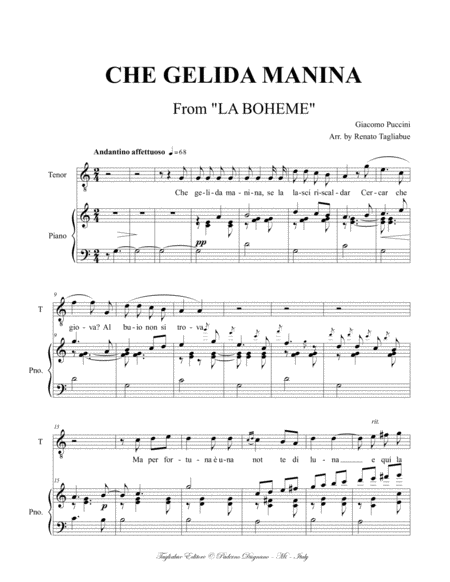 CHE GELIDA MANINA - G. Puccini - From "La Boheme" - For Tenor and Piano - In C major image number null