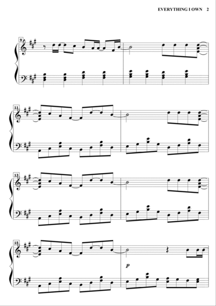 Everything I Own Piano Solo scores gallery preview page 2