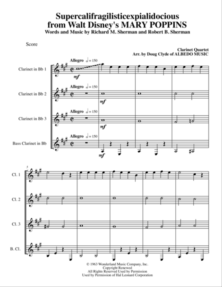 Supercalifragilisticexpialidocious from Walt Disney's MARY POPPINS Woodwind Quartet scores gallery preview page 1