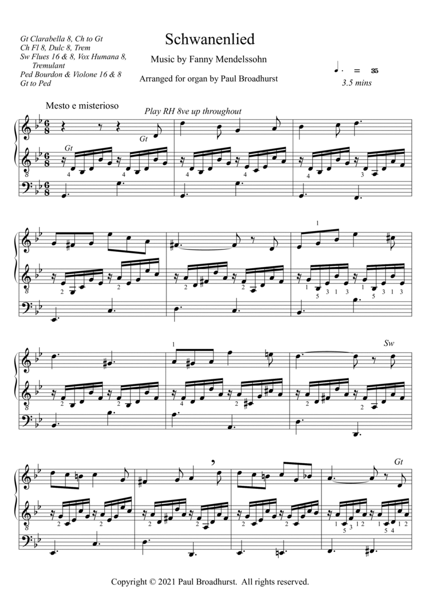 Schwanenlied (Swan Song) Opus 1, No. 1 by Fanny Mendelssohn (Fanny Hershel), pipe organ arrangement