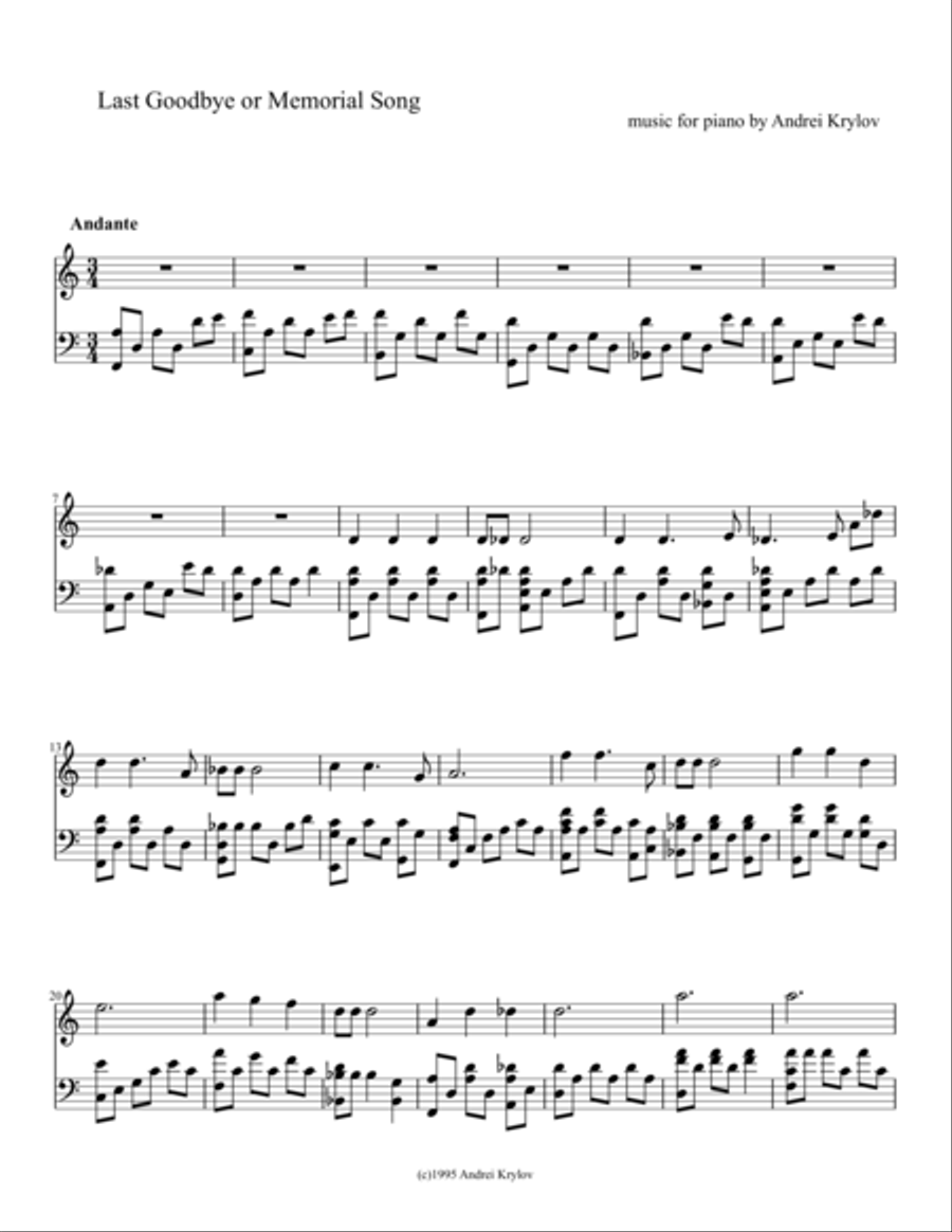 Last Goodbye or Memorial Song, music for piano by Andrei Krylov Piano Method scores gallery preview page 1