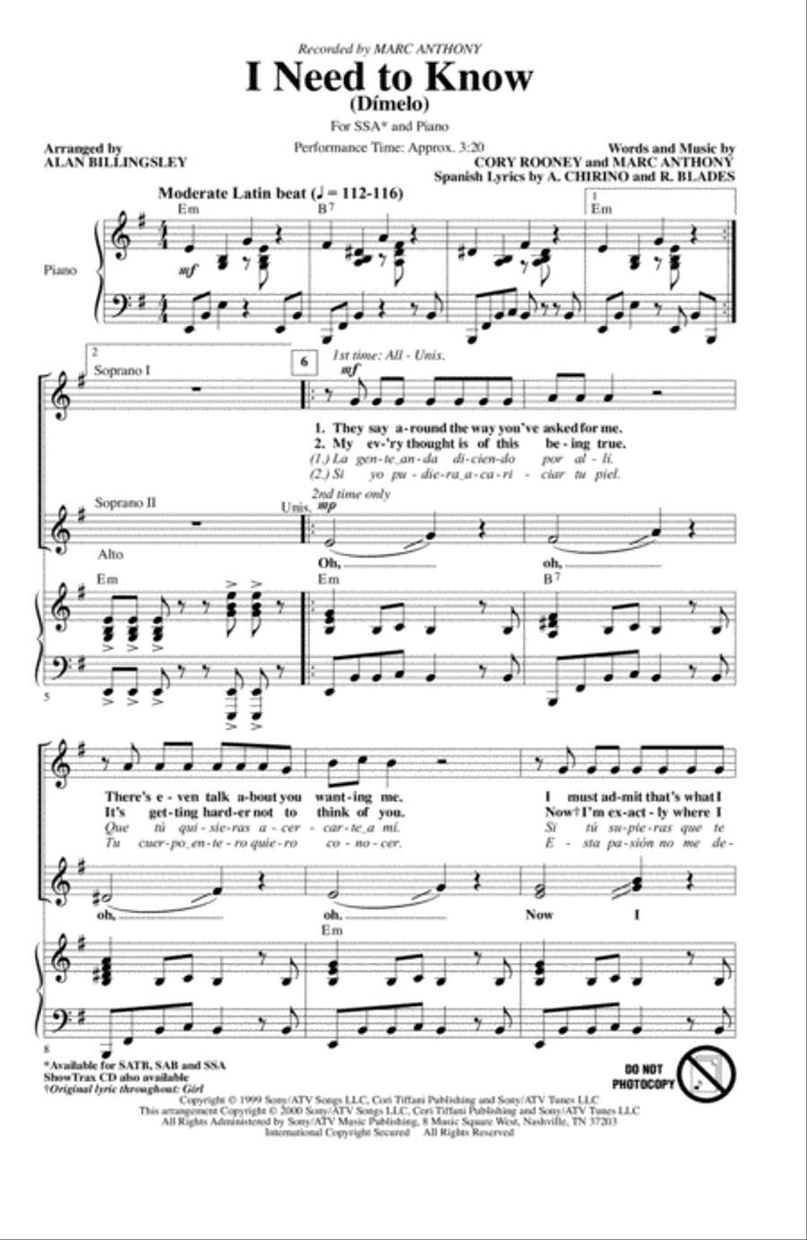 I Need To Know (Dimelo) (arr. Alan Billingsley) SSA scores gallery preview page 1