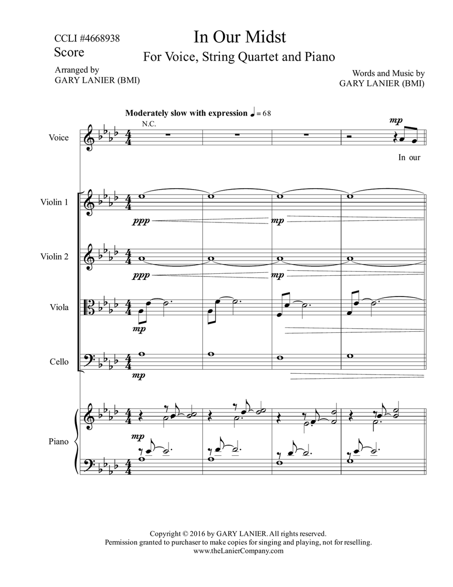 Gary Lanier: IN OUR MIDST (Worship - For Voice, String Quartet, and Piano with Parts) Piano, Vocal scores gallery preview page 2