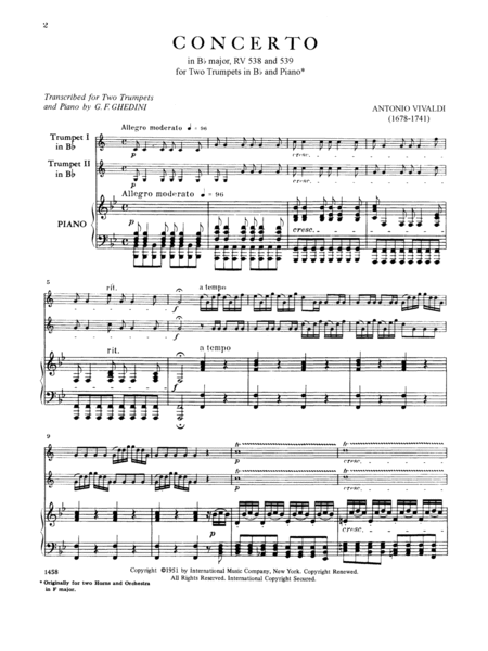 Concerto In B Flat Major (From Horn Concertos Rv 538, 539) For Trumpets In B Flat