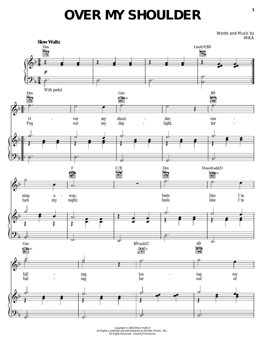Over My Shoulder Over My Shoulder Piano, Vocal, Guitar scores gallery preview page 1