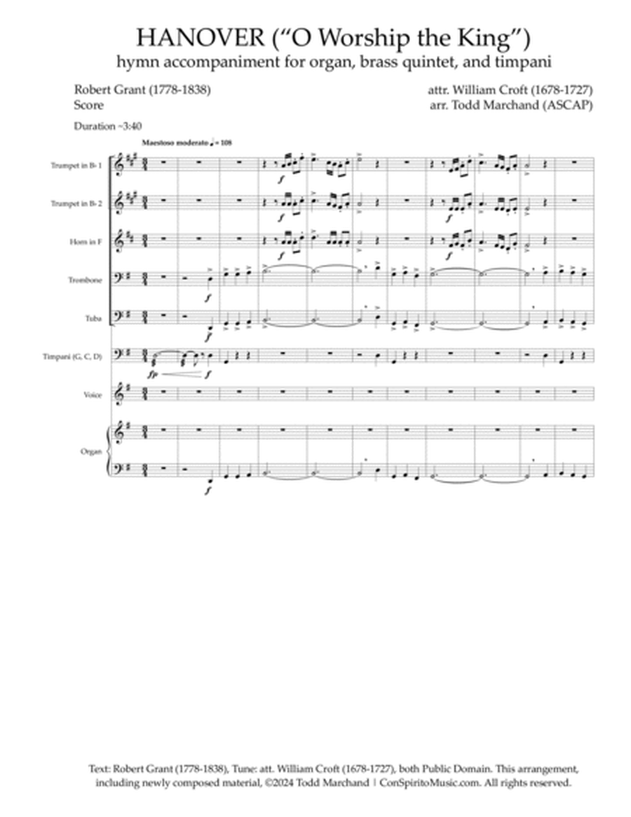 O Worship the King (HANOVER) — hymn accompaniment for organ, brass quintet, timpani image number null