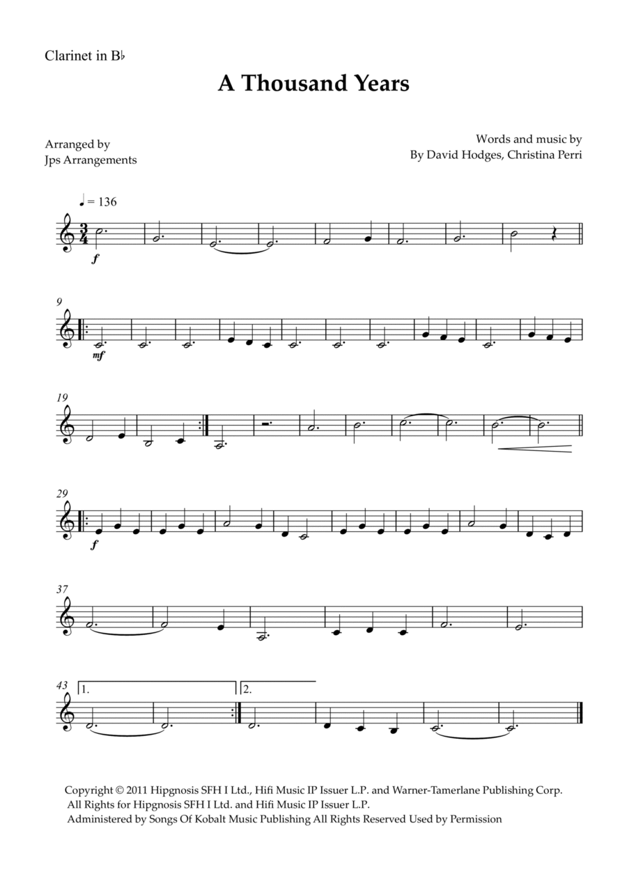 A Thousand Years B-Flat Clarinet scores gallery preview page 1