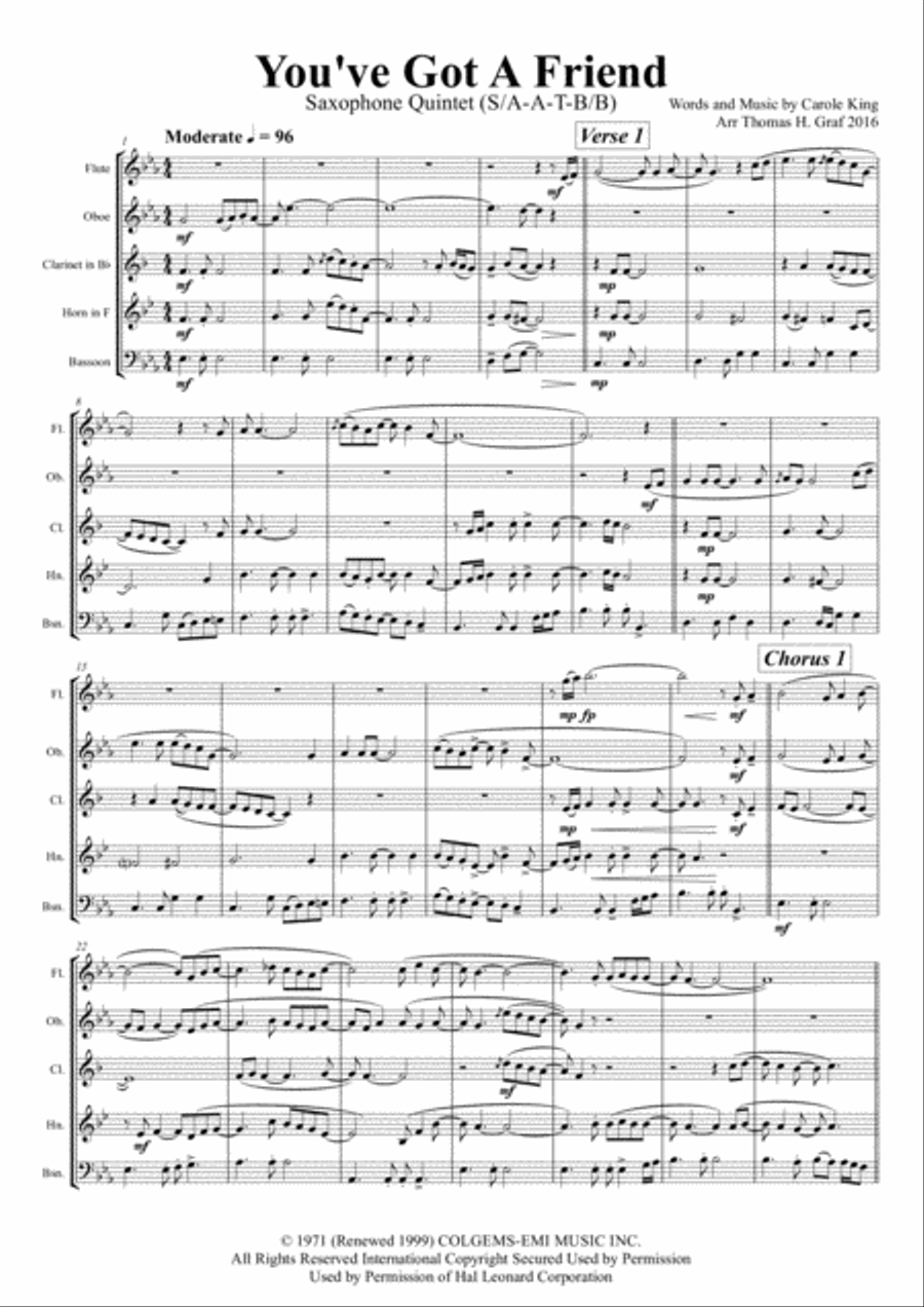 You've Got A Friend Woodwind Quintet scores gallery preview page 1