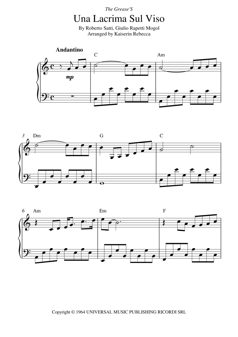 Tears On My Face (lacrima Sul Viso) Piano Solo scores gallery preview page 1