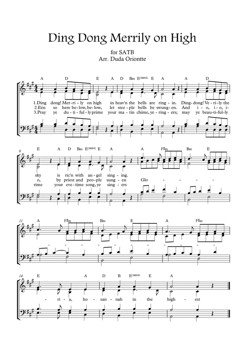 Ding Dong Merrily on High (SATB - A major - 2 staff - with chords - no piano) image number null