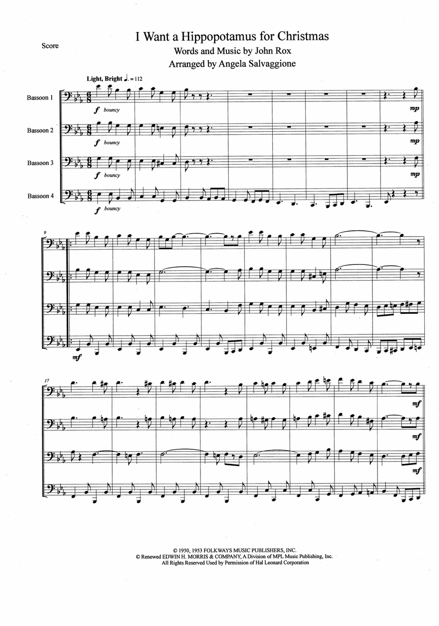 I Want A Hippopotamus For Christmas (Hippo The Hero) Woodwind Quartet scores gallery preview page 1