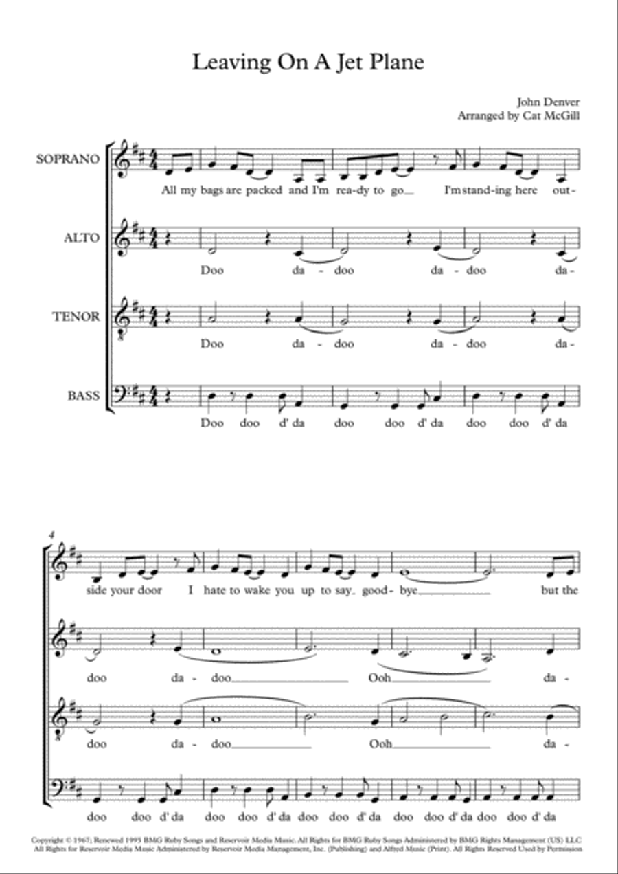 Leaving On A Jet Plane 4-Part scores gallery preview page 1