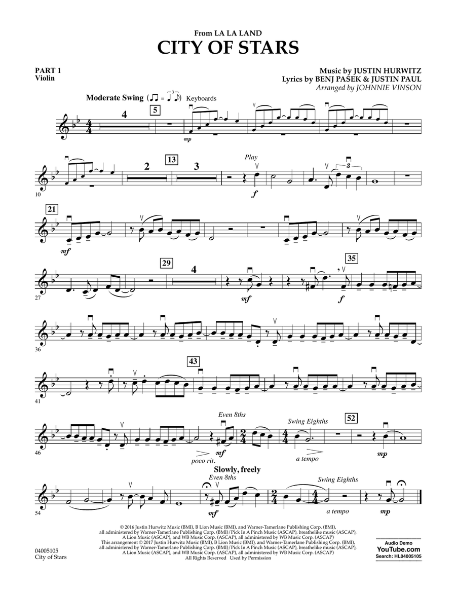 City of Stars (from La La Land) - Pt.1 - Violin Concert Band scores gallery preview page 1