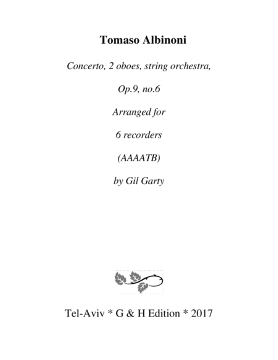 Book cover for Concerto, 2 oboes, string orchestra, Op.9, no.6, G major (Arrangement for 6 recorders)