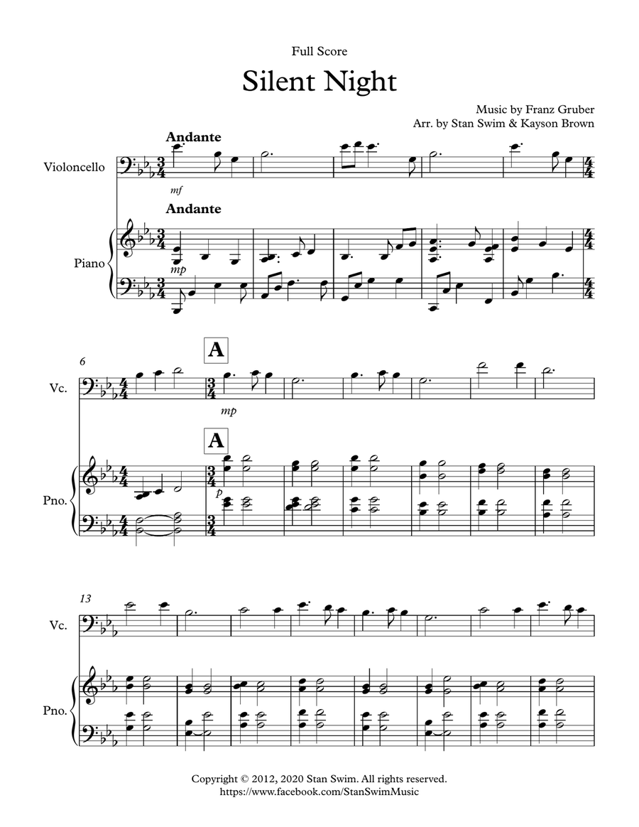 Silent Night (cello/piano duet) Cello Solo scores gallery preview page 1
