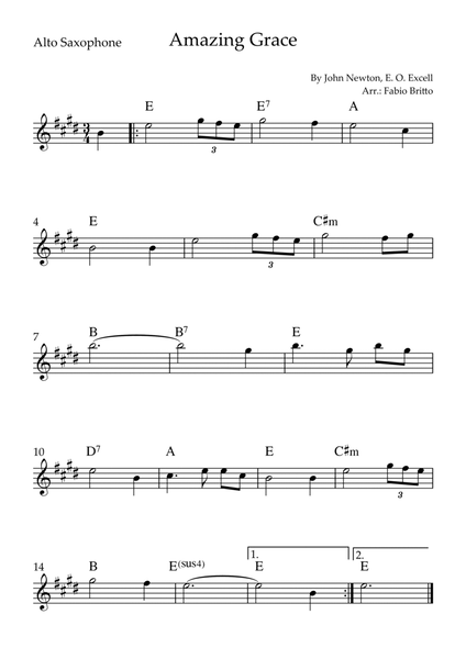 Amazing Grace for Alto Saxophone Solo with Chords