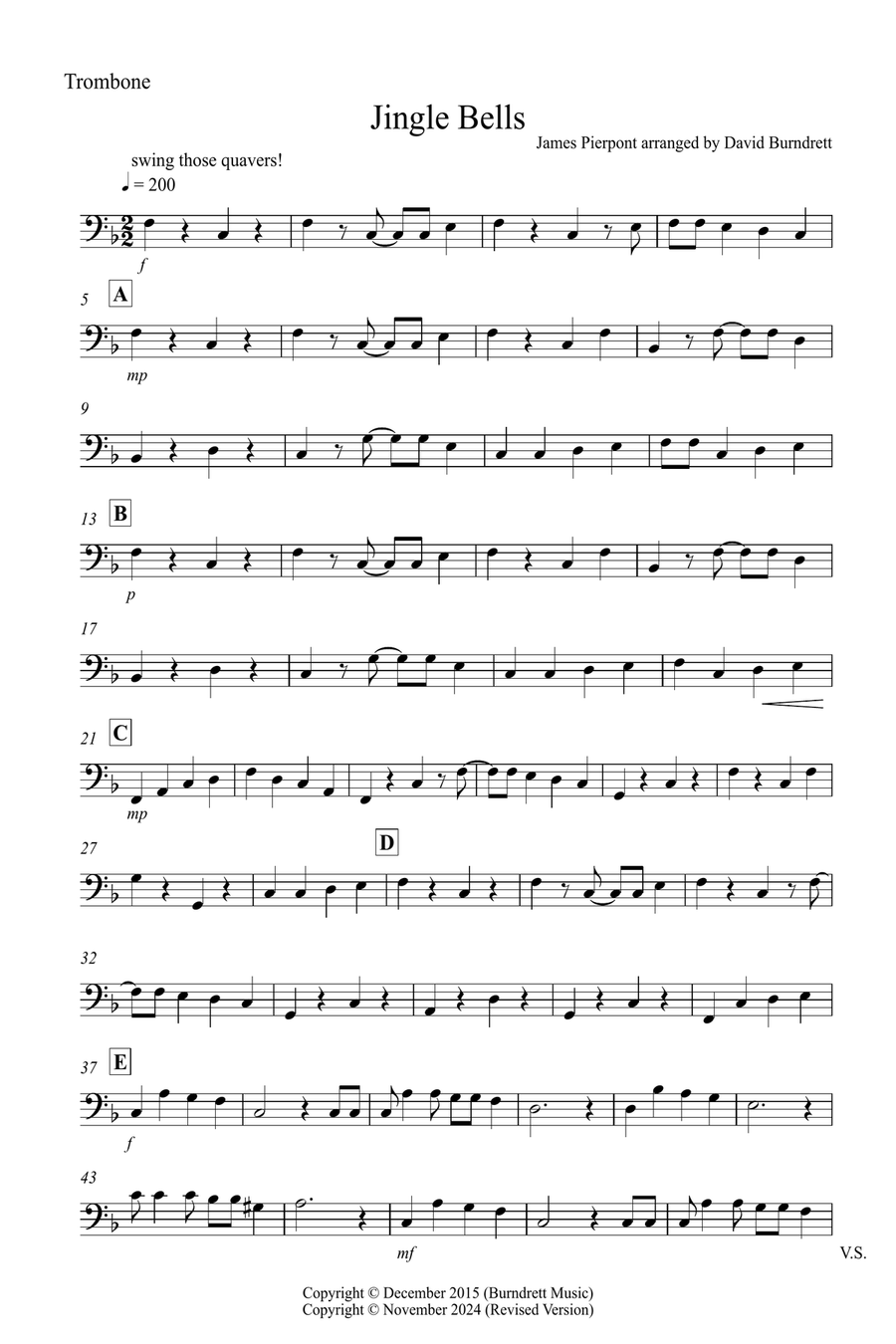 Jingle Bells (Jazzy Style!) for Alto Saxophone and Trombone Duet Trombone Duet scores gallery preview page 6