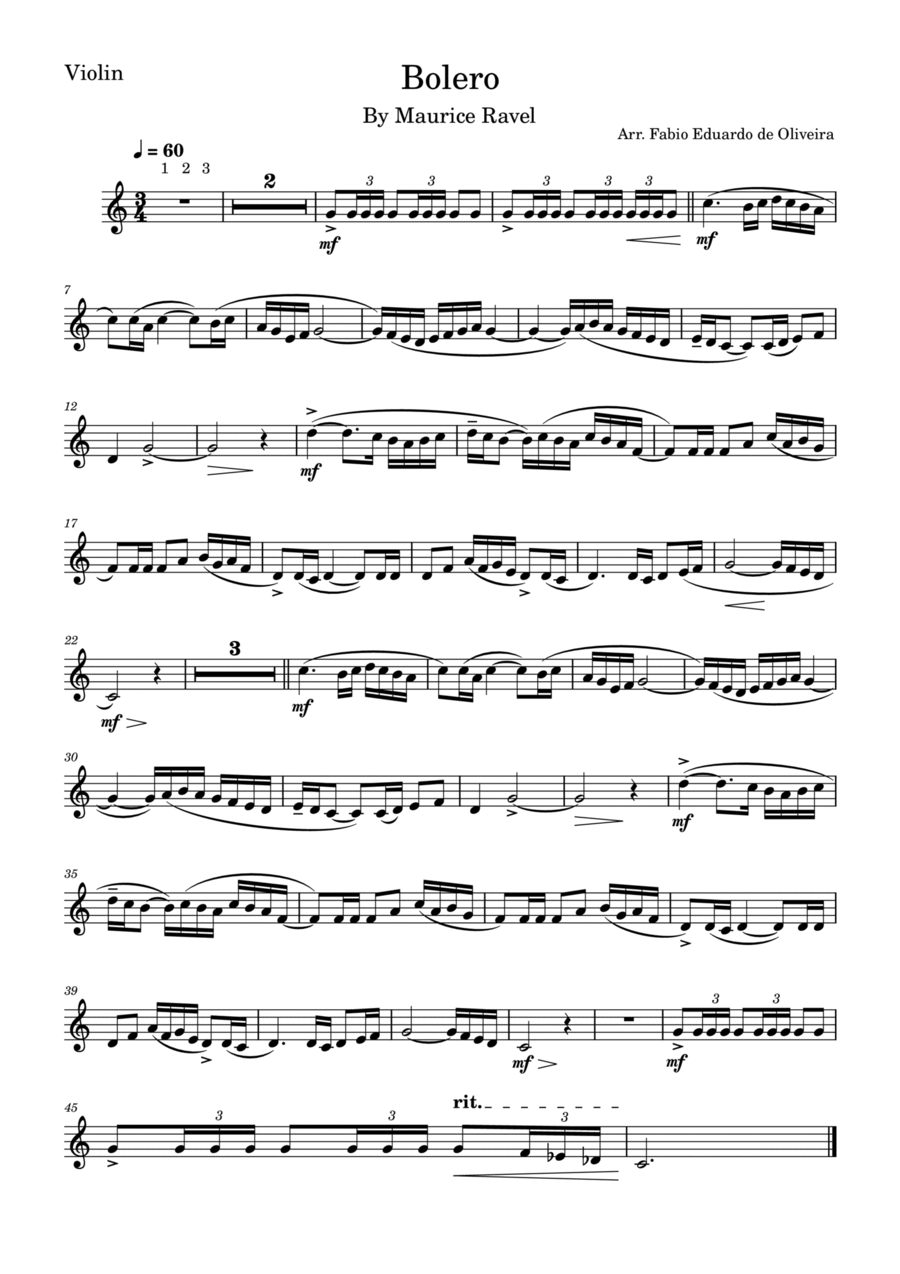 Bolero (Ravel) - Easy Arrangement Violin Solo scores gallery preview page 1