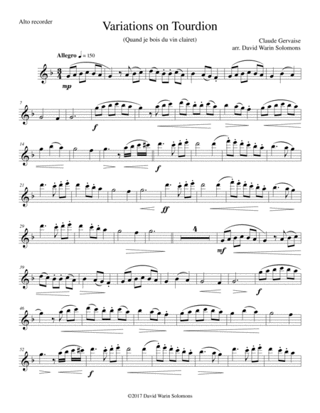 Tourdion (Quand je bois du vin clairet) for alto recorder and harp image number null