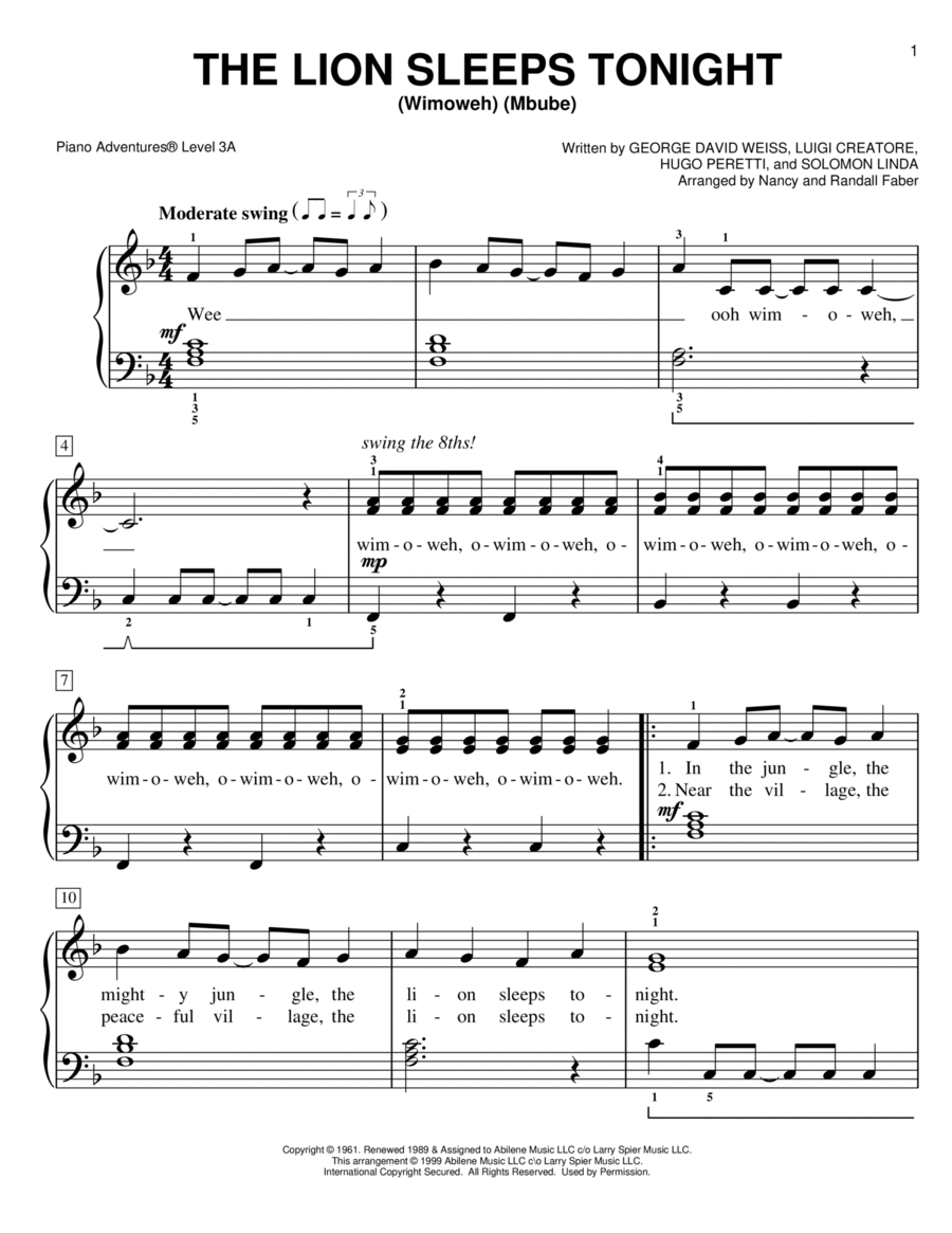 The Lion Sleeps Tonight Piano Method scores gallery preview page 1