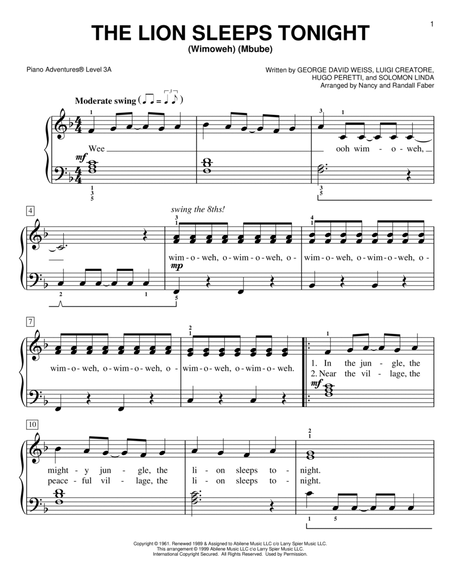 The Lion Sleeps Tonight by George David Weiss Piano Method - Digital Sheet Music
