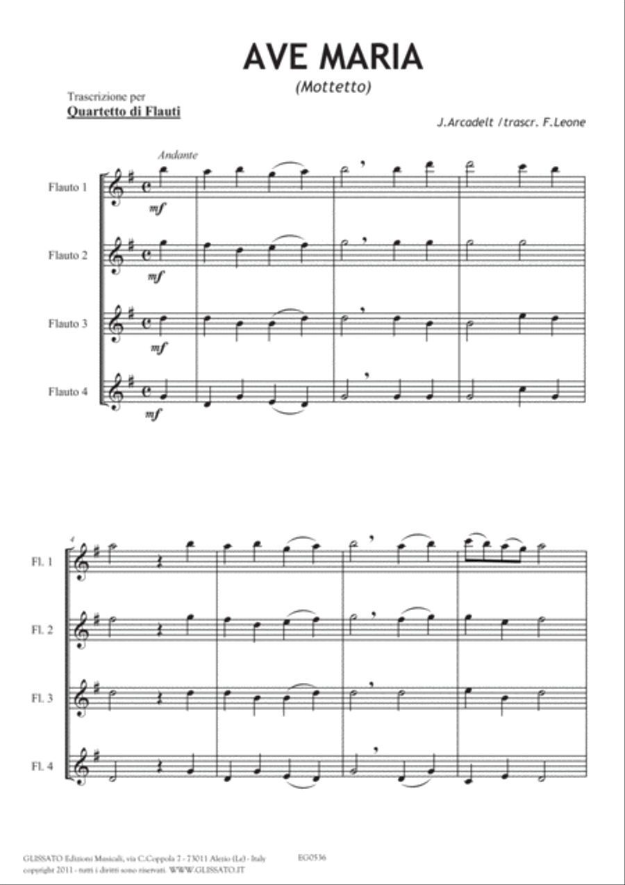 Ave Maria (Arcadelt) - Flute Quartet score & parts Flute Quartet scores gallery preview page 4