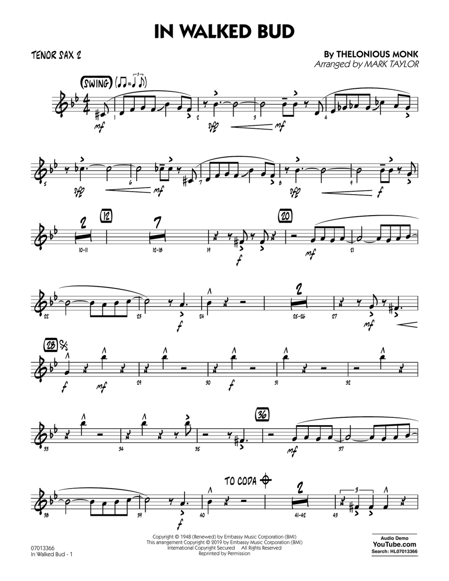In Walked Bud (arr. Mark Taylor) - Tenor Sax 2
