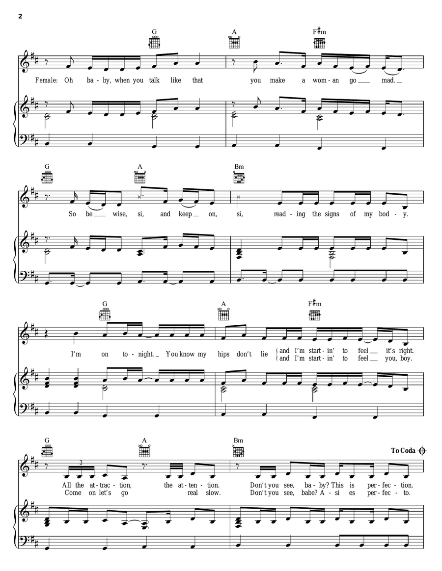 Hips Don't Lie Piano, Vocal, Guitar scores gallery preview page 2