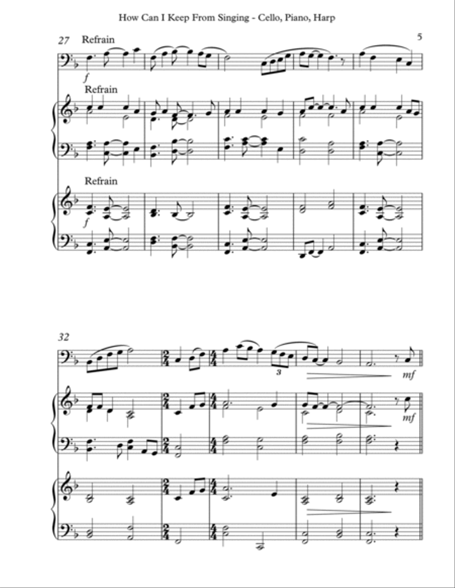 How Can I Keep From Singing, Trio for Cello, Piano & Harp Pedal Harp scores gallery preview page 5