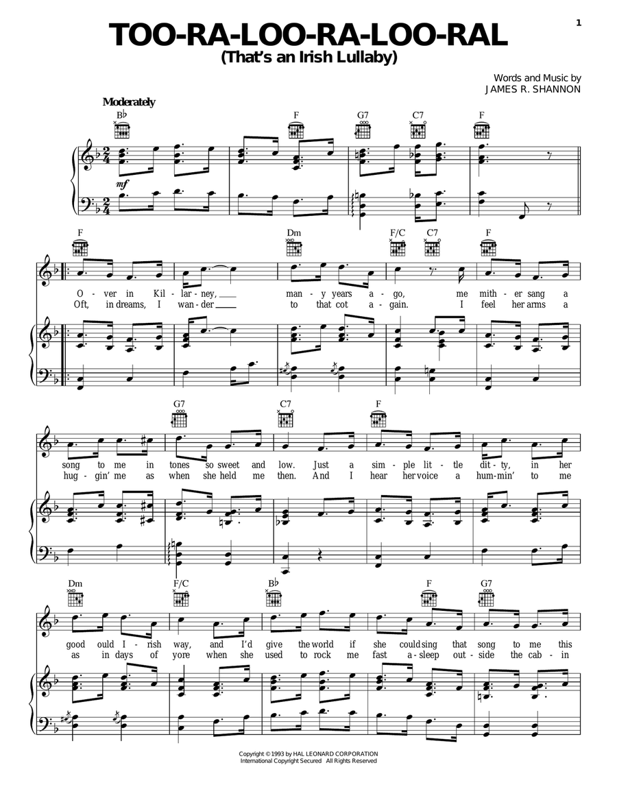 Too-Ra-Loo-Ra-Loo-Ral (That's An Irish Lullaby) Piano, Vocal, Guitar scores gallery preview page 1